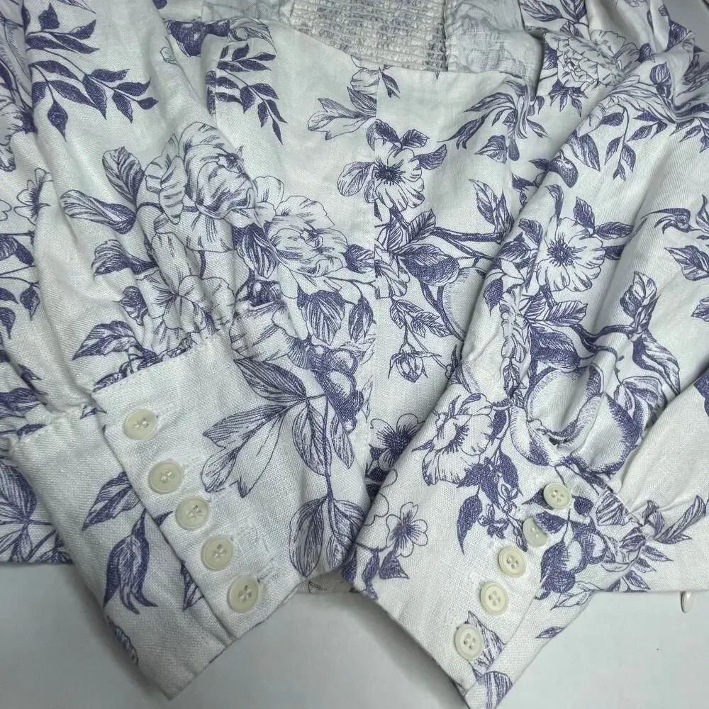 Reformation Stilton Linen Top Blue Toile Floral Long Sleeve Square Neck Size 2